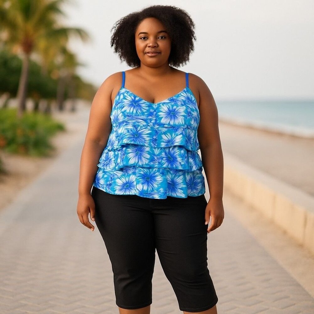 Tropical Escape Missy Flounce Tankini Blue Jay Palm Party Size 16